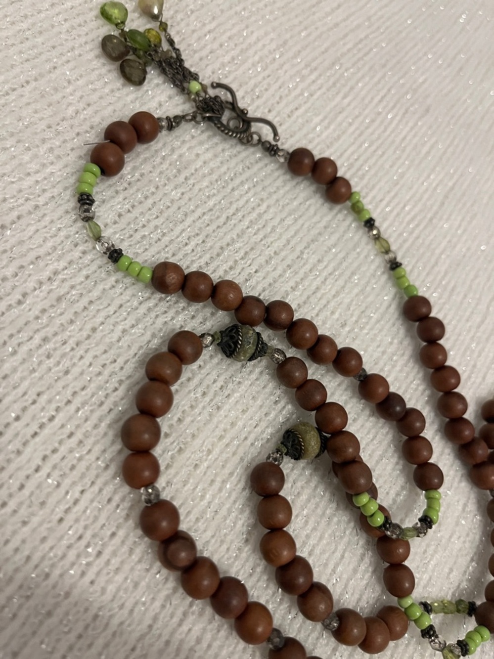 Handcrafted Brown Wood and Green Bead Long Necklace